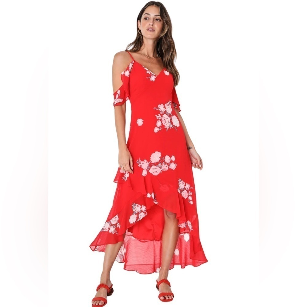 Lulus Floral Midi Sundress Small Asymmetrical Hem Ruffle Spring Wedding Guest